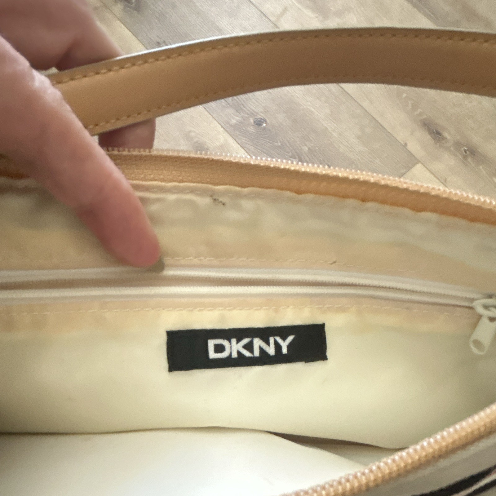 DKNY Striped Zip Top Shoulder Bag Beige Black White Red, Silver Hardware