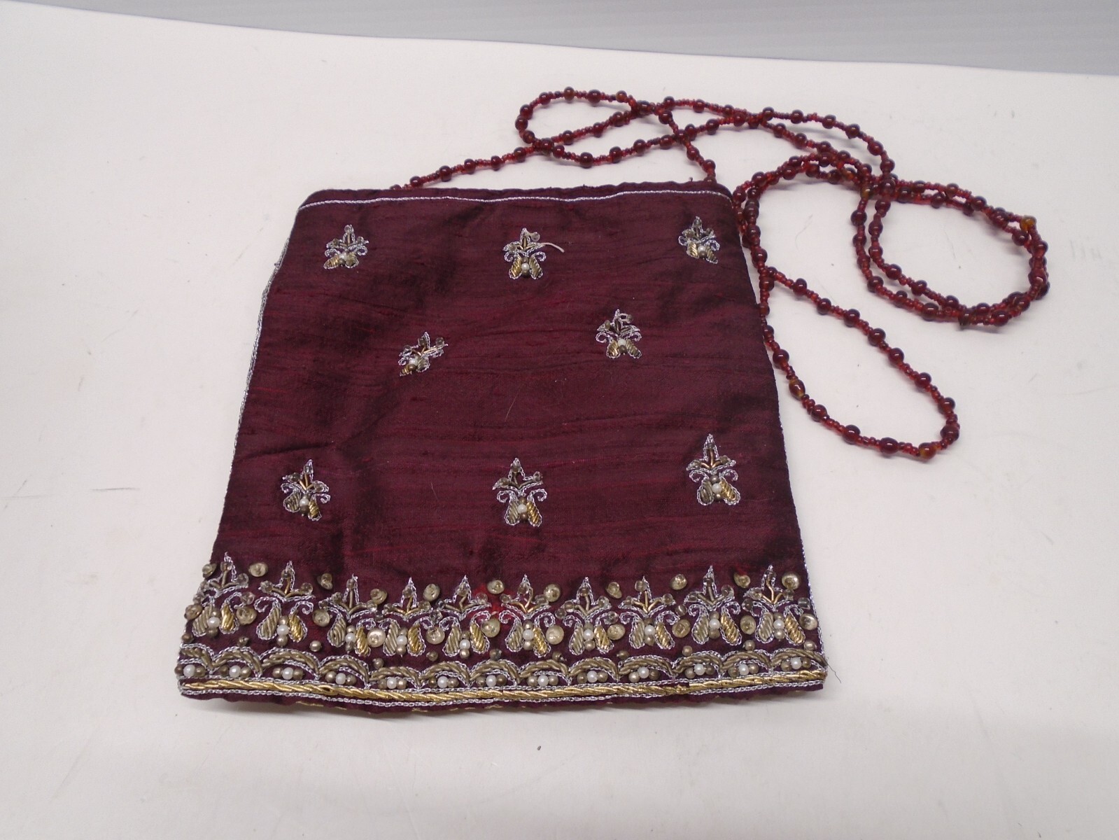 MOYNA Crossbody Beaded Small Bag in Red Silk Taffeta & with silver, gold accents