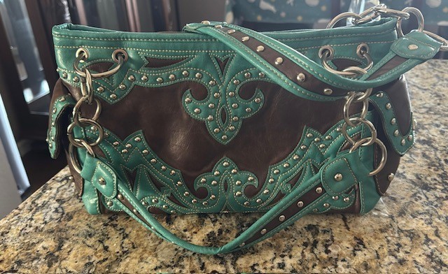 Montana West Concealed Carry Handbag Purse Studded Brown Leather Turquoise
