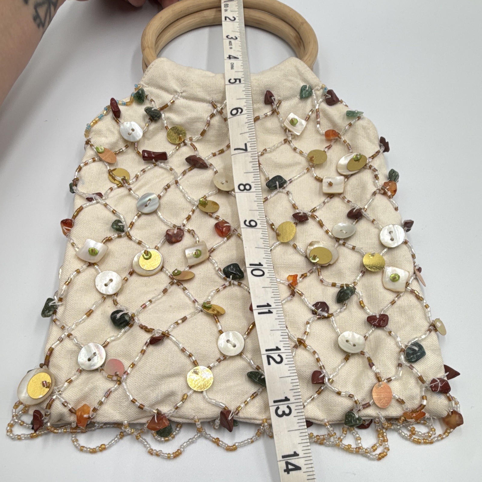 Beige Beaded Sequin Satchel Top Handle Bag Wood Handle Lined Party/Cocktail