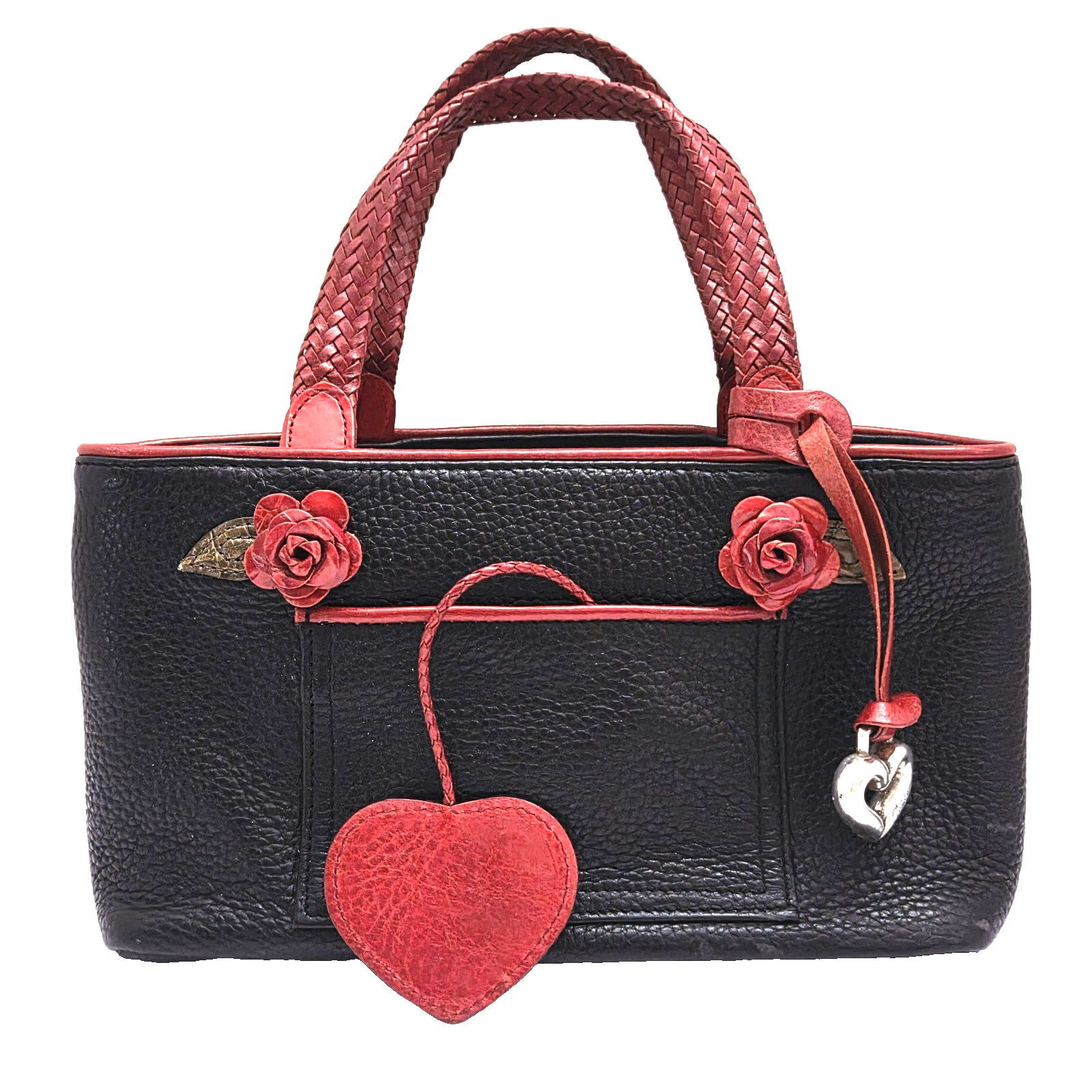Brighton Black Red Leather Satchel Tote Purse Heart Charm Floral Roses Handbag