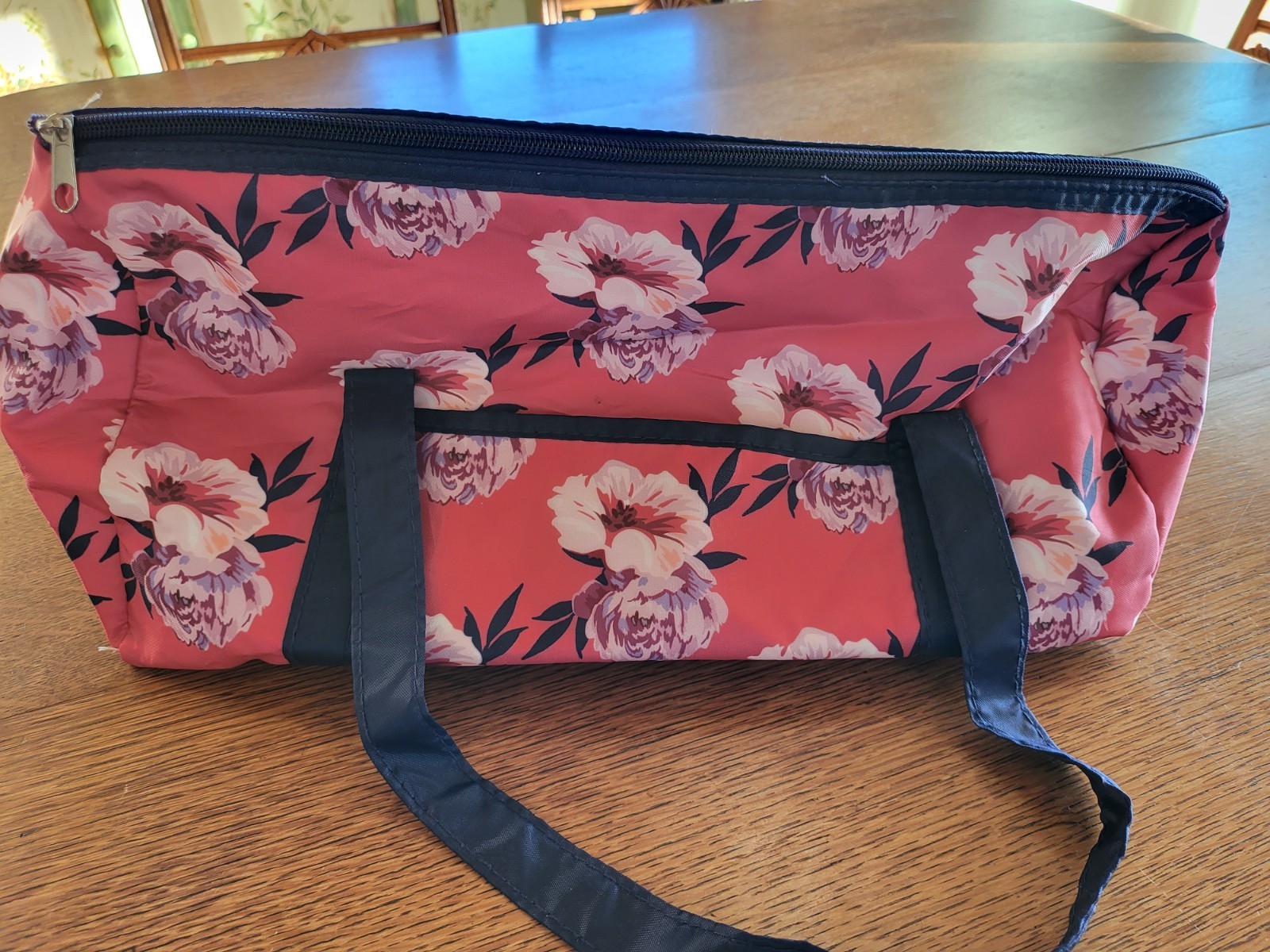 Floral Zip Tote Bag Pink Flower Travel Beach Makeup Storage Bag