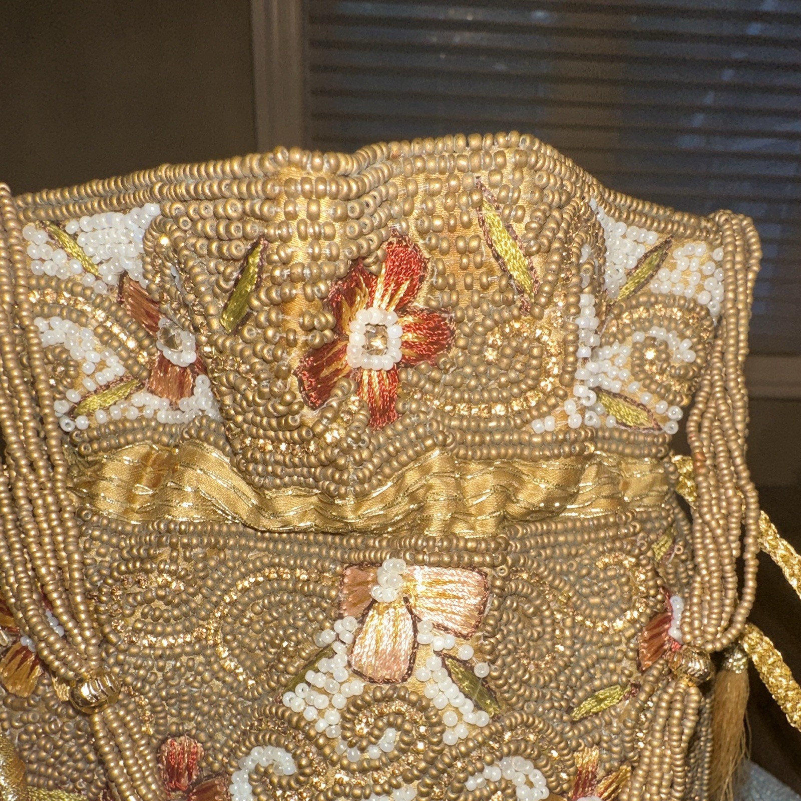 Drawstring pouch handbag Hand Embroidery-Metllic Beads White Accents