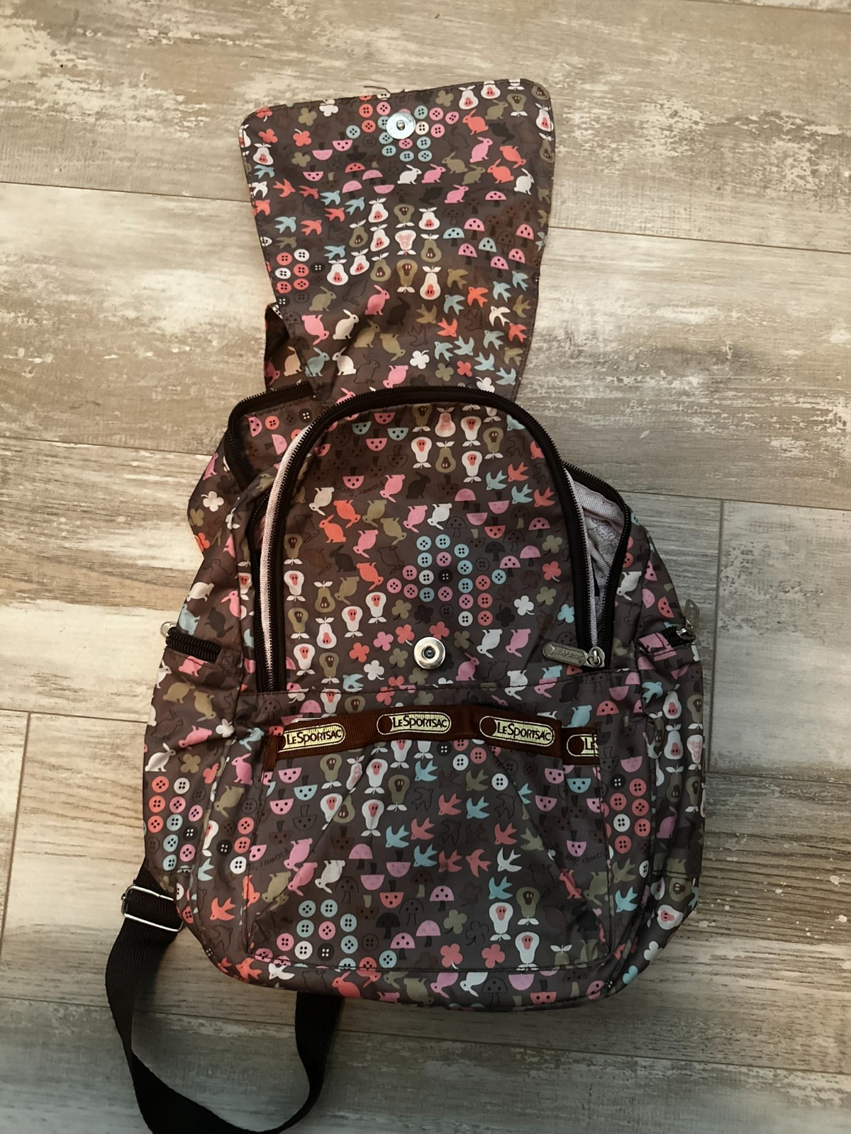 LeSportSac Bunny Buttons Mushrooms Birds backpack bag brown pink back shoulder