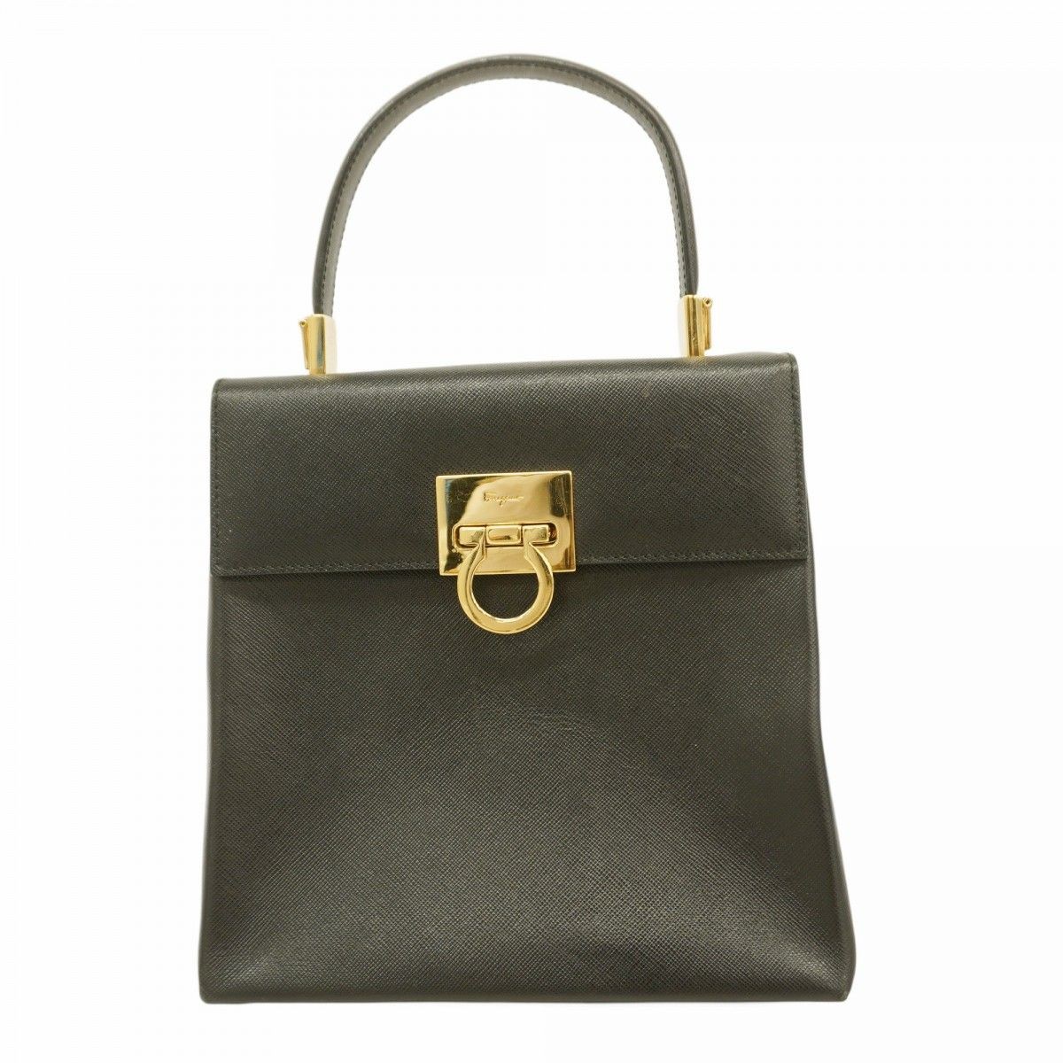 Salvatore Ferragamo 6cc3972 Gancini Leather Handbag Black Gold 7.7×7.5×3.9 inch