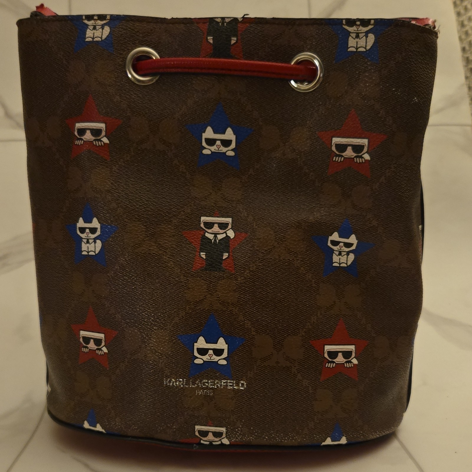 Karl Lagerfeld Choupette Small Drawstring Bucket Crossbody Bag Brown Red Blue