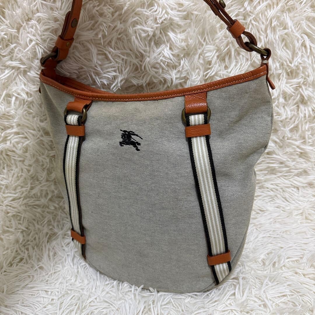 Burberry Blue Label Gray Canvas Leather Horse Logo Shoulder Bag Womens 260733Y