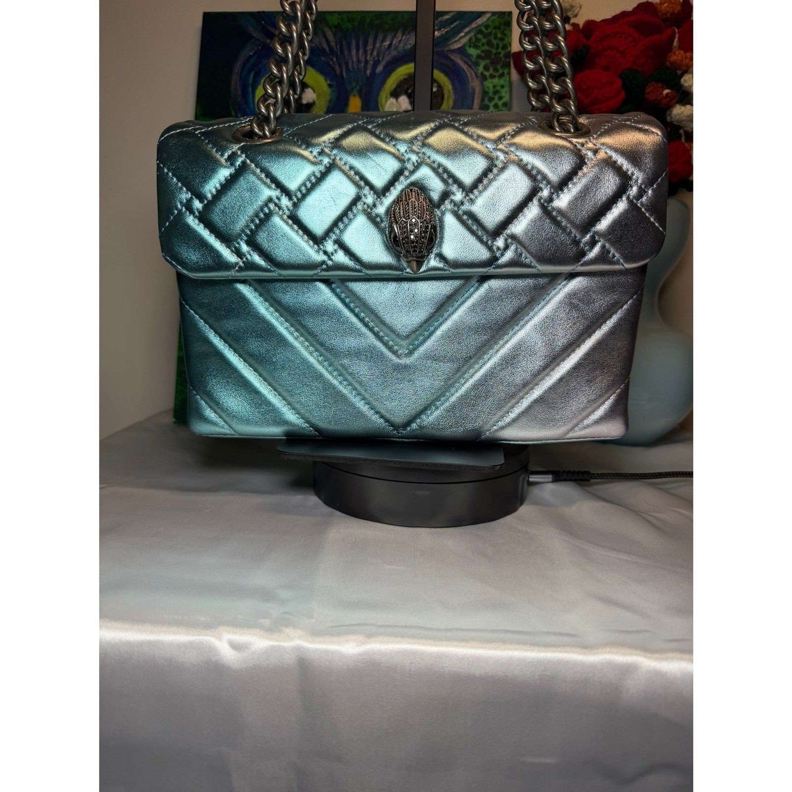 Kurt Geiger Medium Kensington Metallic Blue Iridescent Quilted Bag