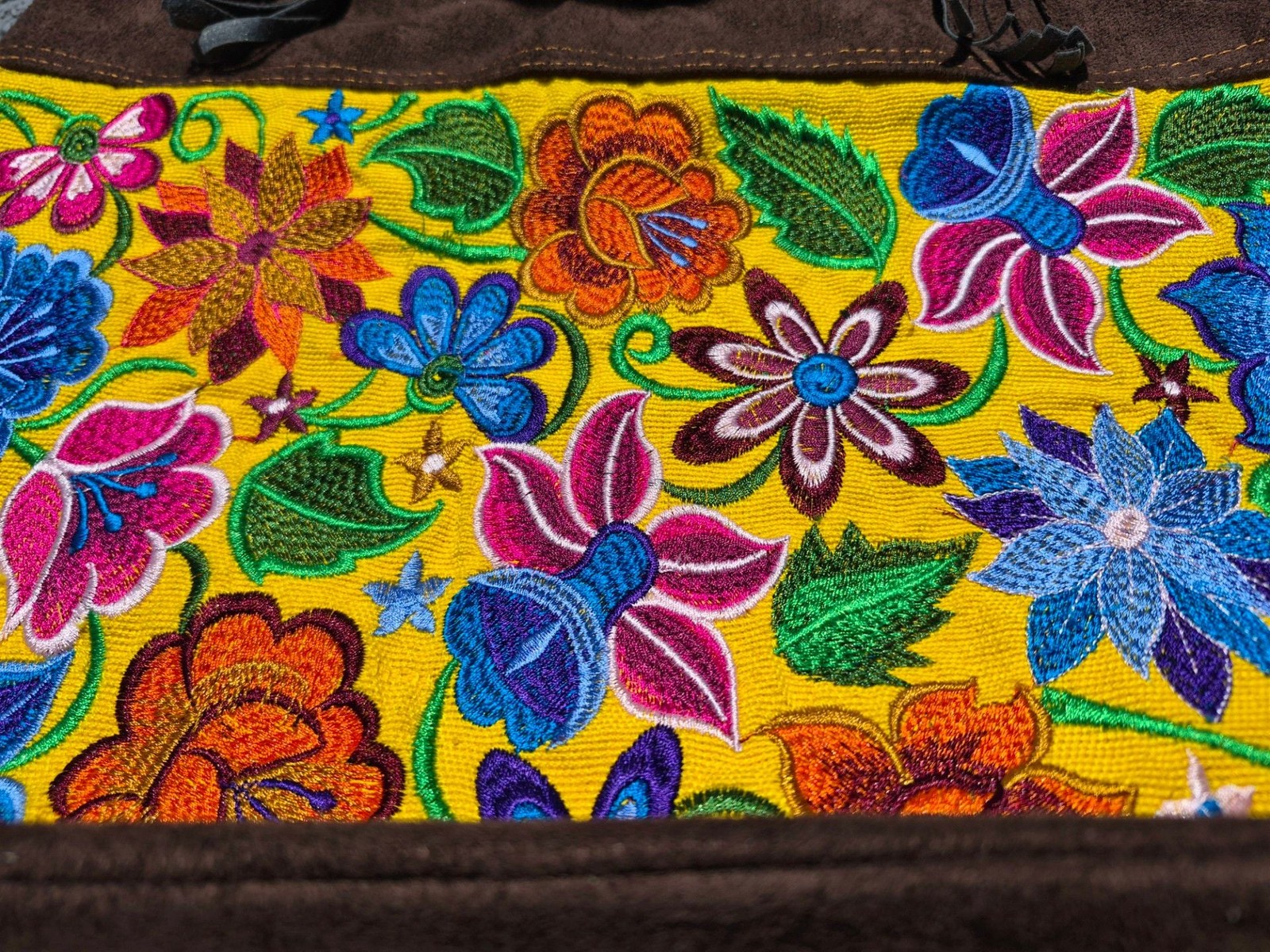 Artisan Embroidered Floral Canvas and Suede Tote Bag with Tassel