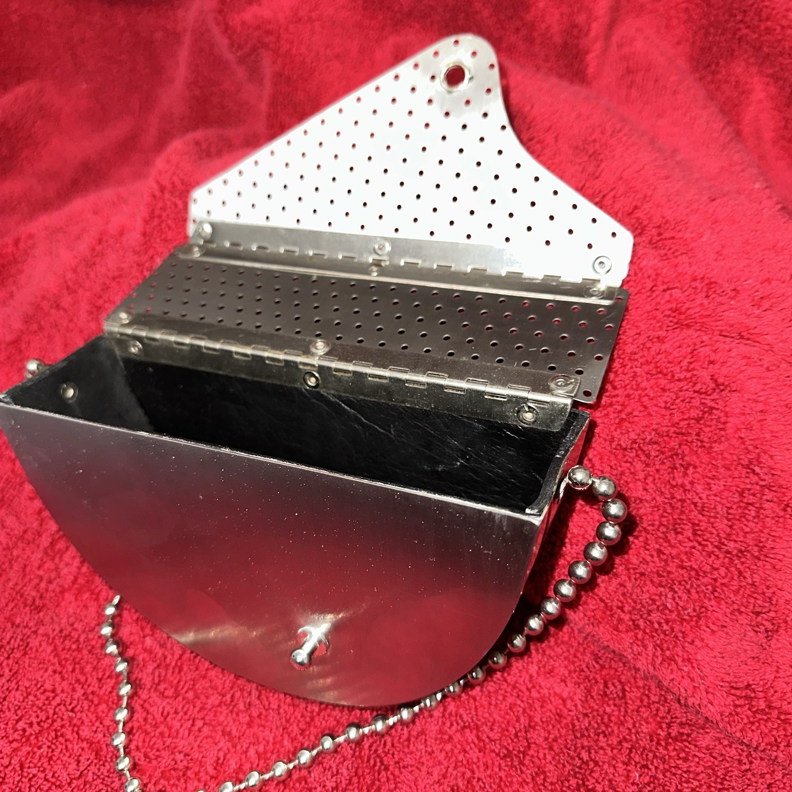 RARE WENDY STEVENS Vintage Signed Metal Half Moon Clutch Perforated Stainless