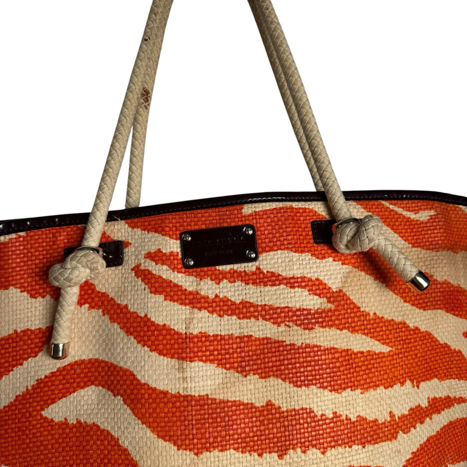 Kate Spade Wicker and Rope Tote Bag Orange Beige Zebra Print Beach Vacation