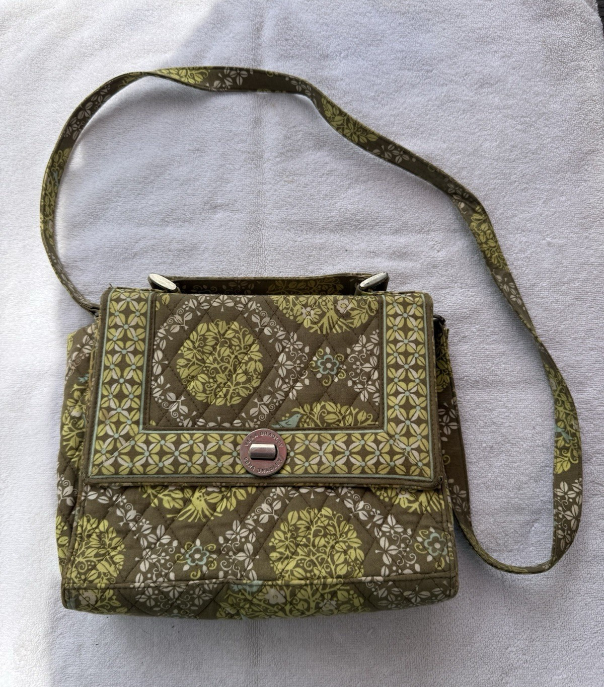 Vera Bradley Brown Green Bird Print Crossbody Bag Turn Lock, Detachable Strap