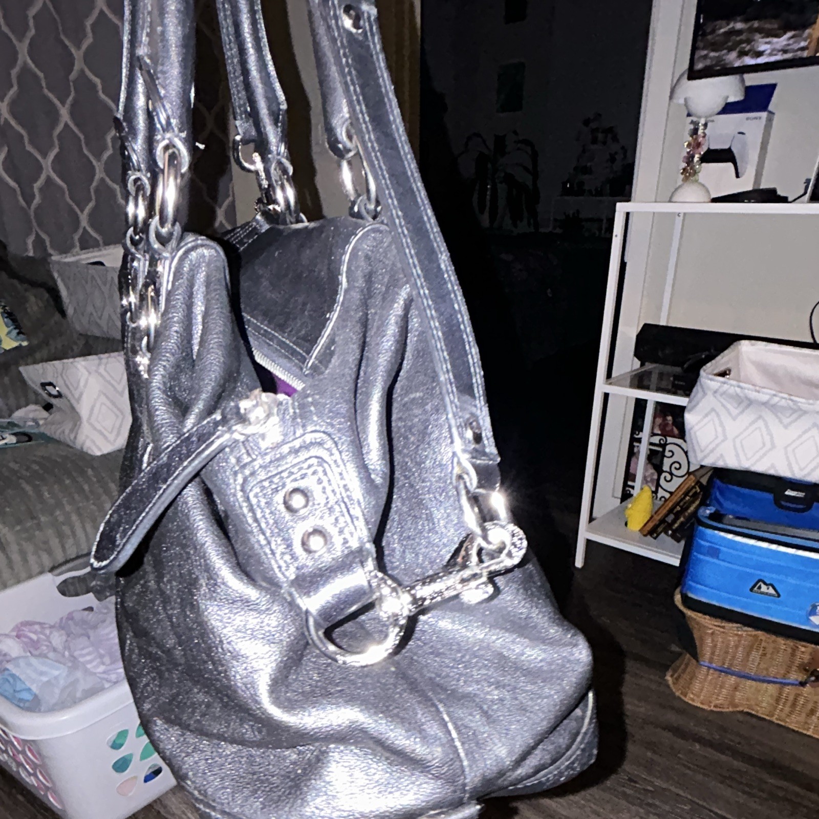 Coach Metallic Black Satchel Zip Top Double Handles Crossbody Strap Purple