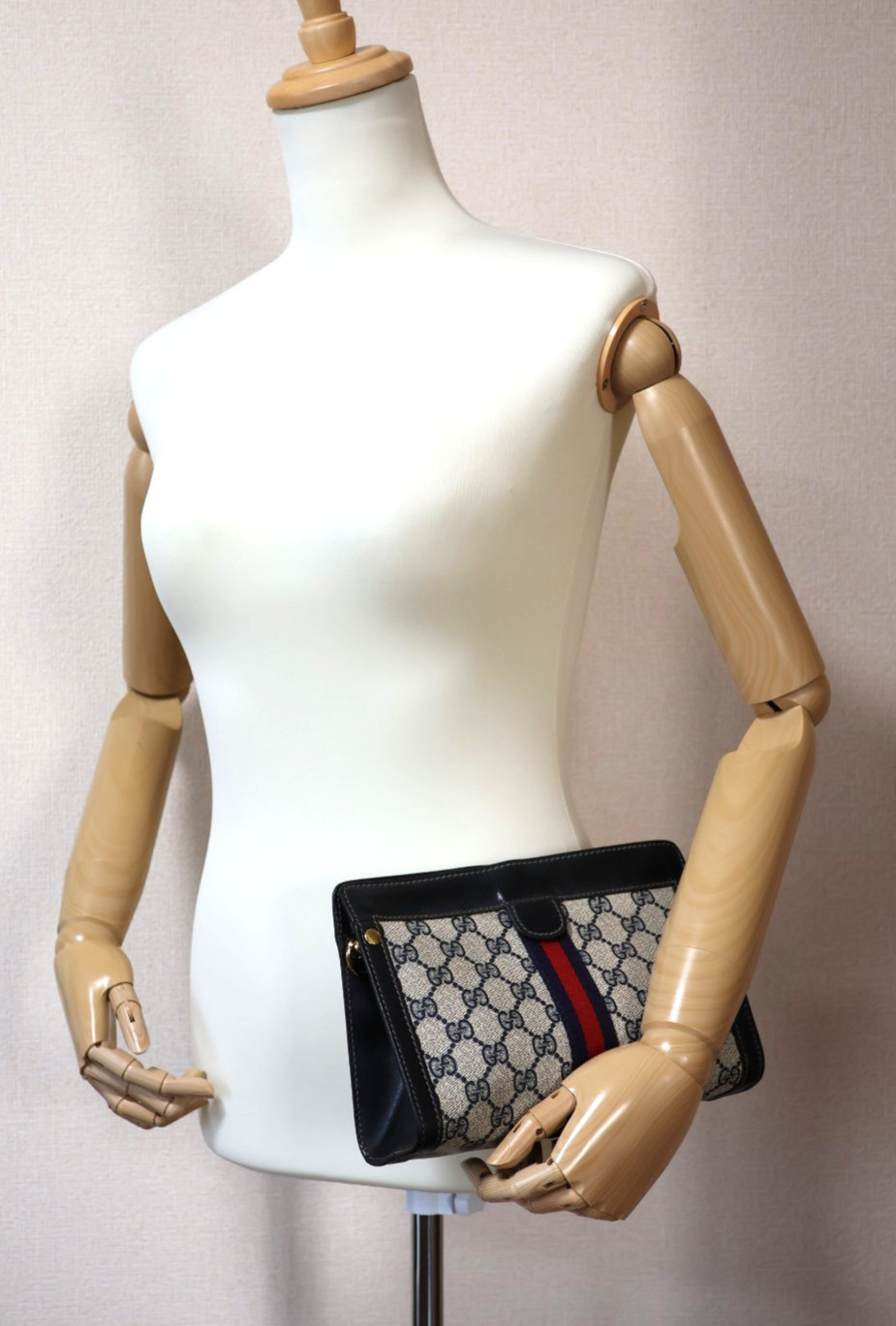 GUCCI VINTAGE GG Supreme Shoulder Bag Chain Strap Sherry Navy Classic Authentic