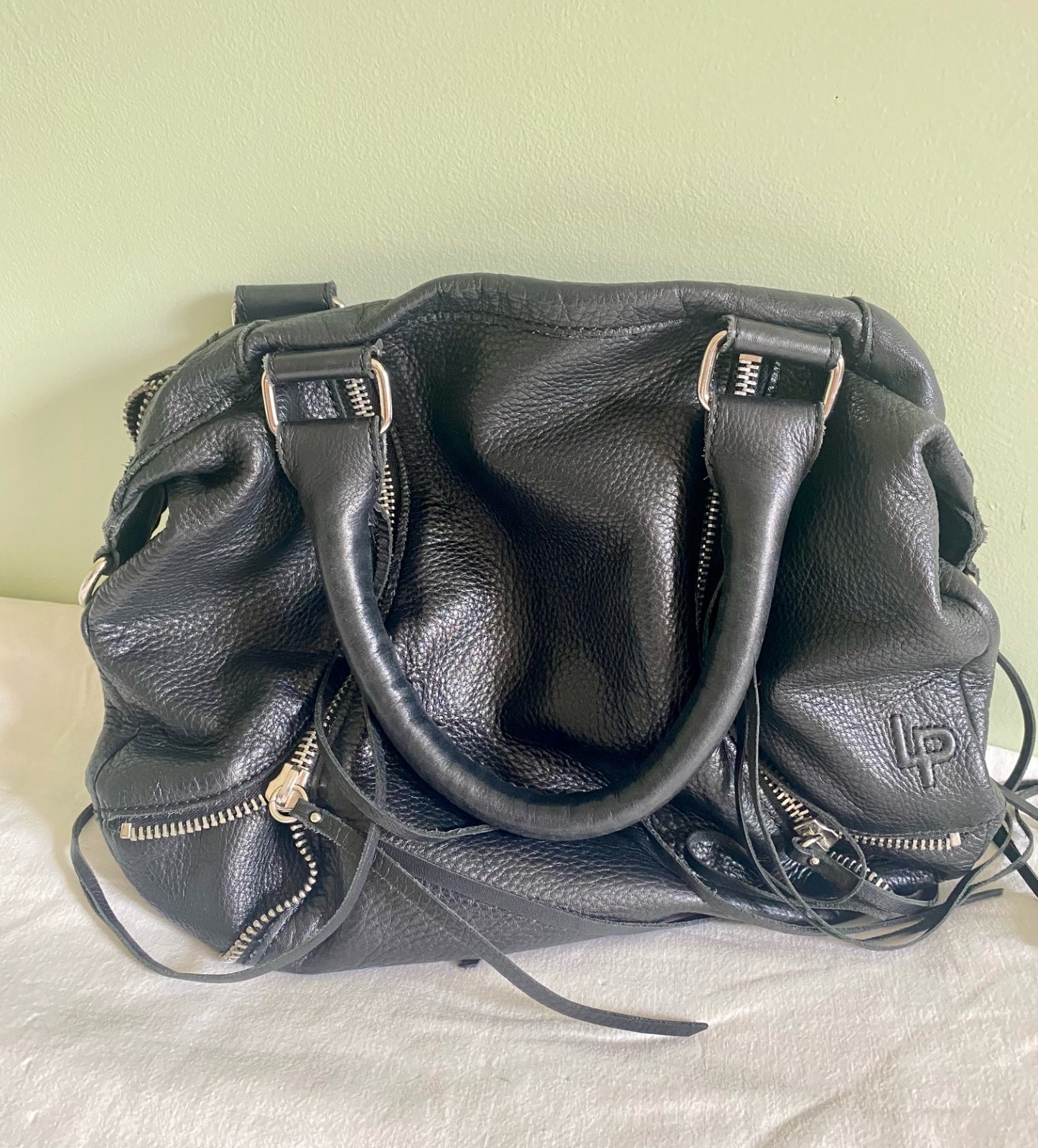 Linea Pelle Slouchy Black Pebbled Leather Handbag Double Zip w/ Fringe Boho
