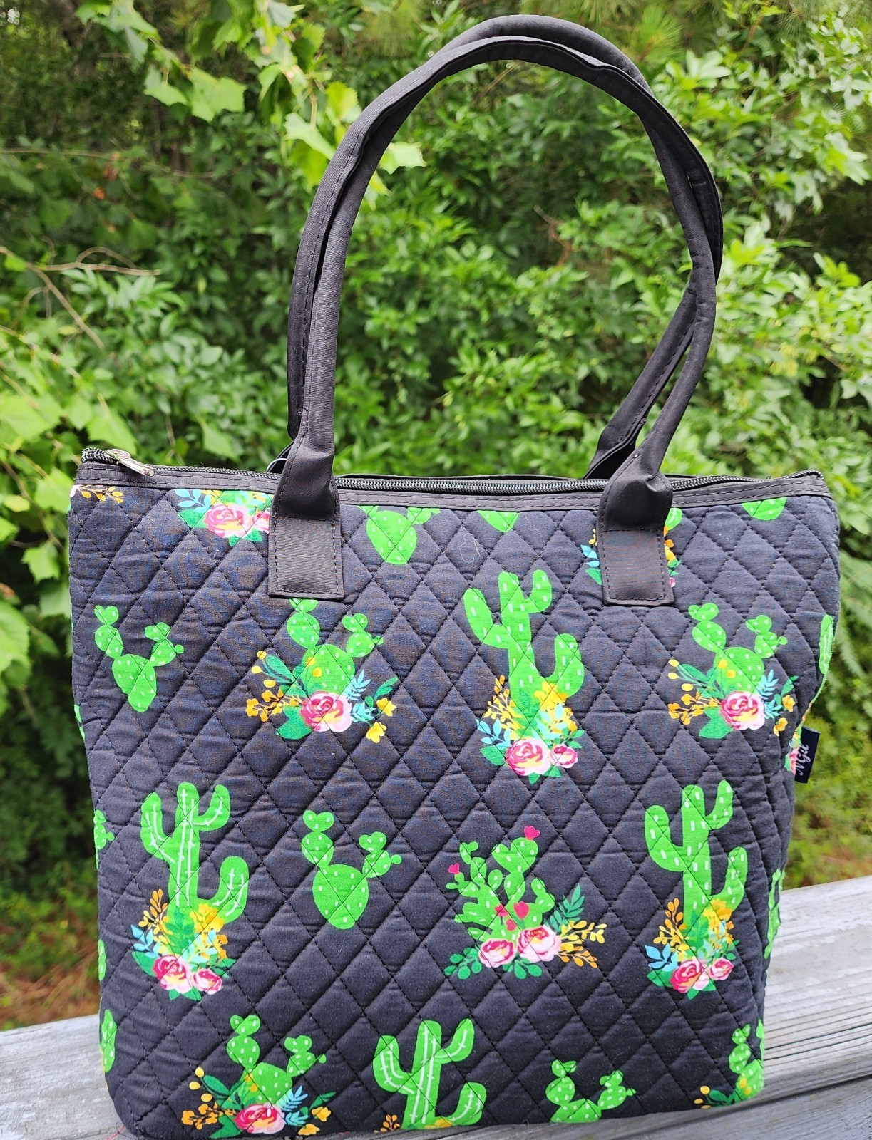 NGIL Quilted Super Cute Cactus w/Black Trim Tote-Monogram Available