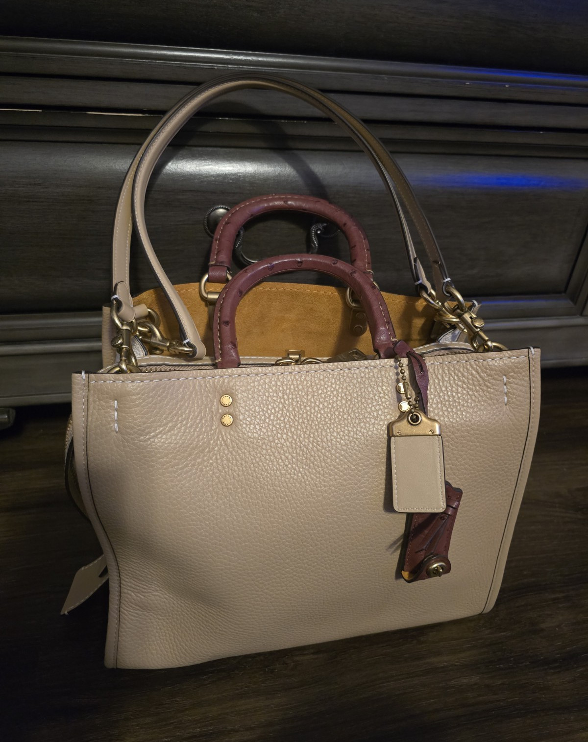 Coach Rogue Made To Order Pebbled Satchel Beige Gold Hardware Strap Pockets
