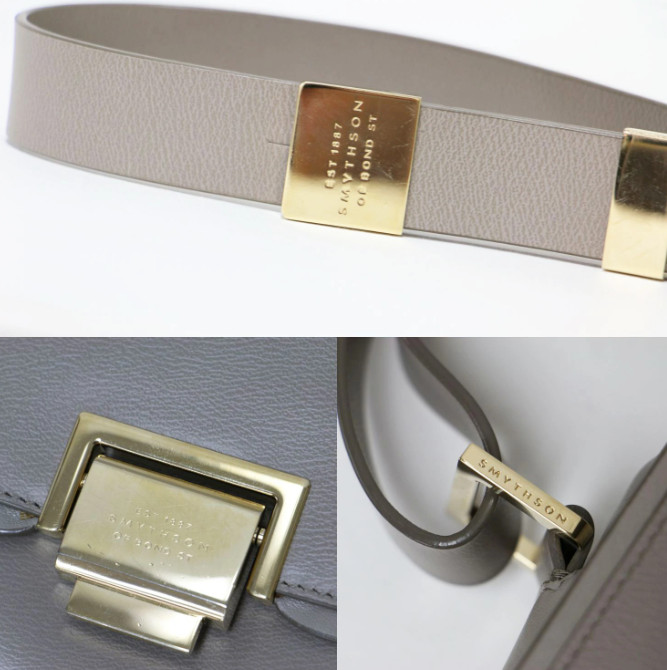 SMYTHSON Gray Leather Square Shoulder Bag with Flap, Embossed VG ship From JAPAN