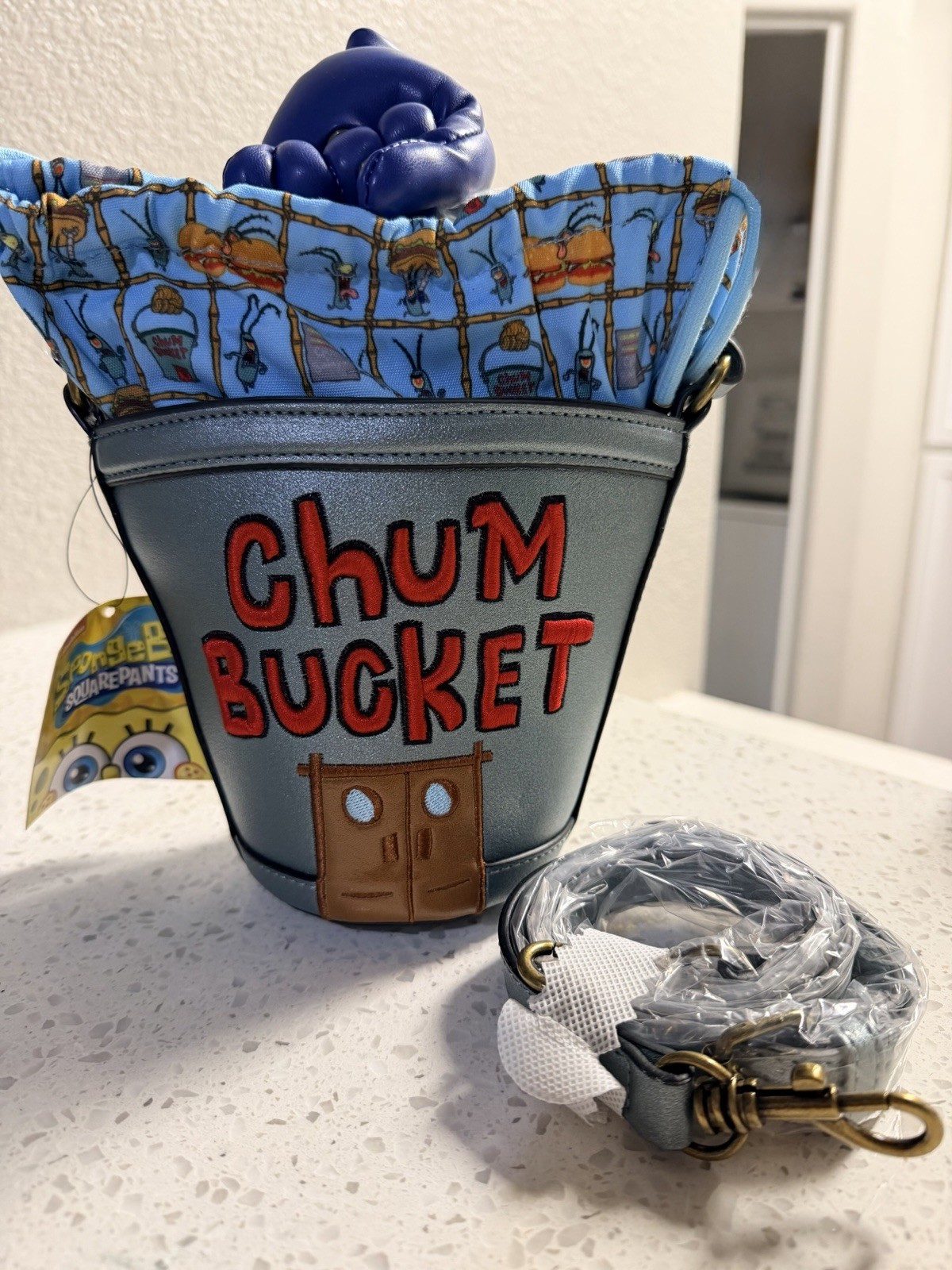 Loungefly SpongeBob SquarePants Chum Bucket Crossbody Bag Drawstring Blue Gray