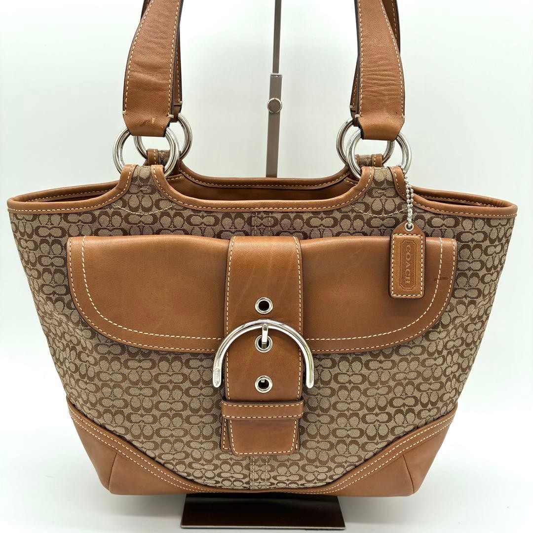 COACH Soho Signature Handbag Brown Leather Canvas Pre-Owned Used 35x22x10 cm