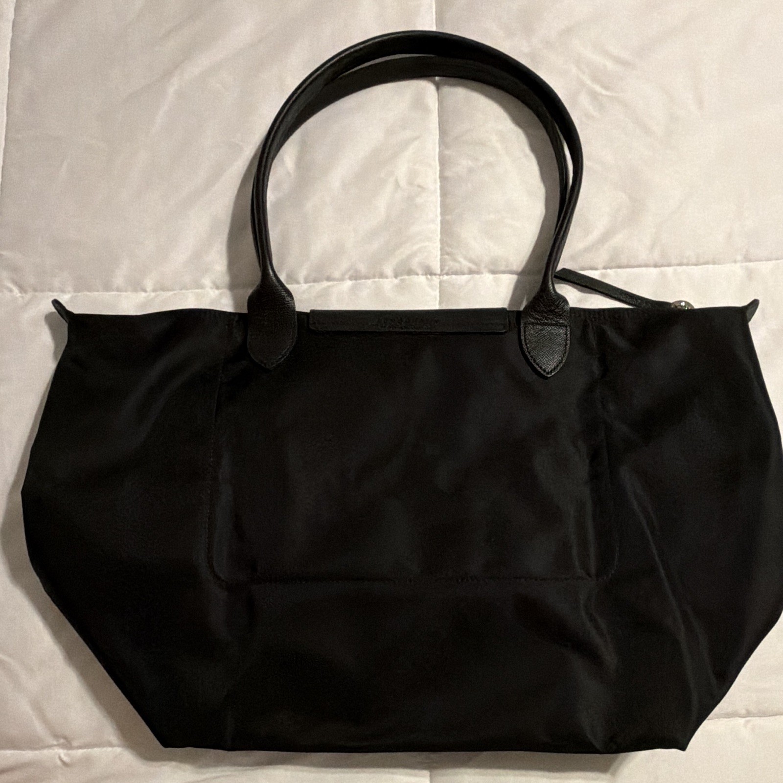 Longchamp Black Tote Bag Zip Snap Closure Top Handle Lightweight Silver Hardware