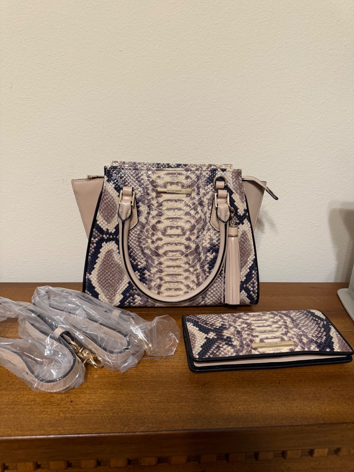 Brahmin Mini Priscilla Latte Ballington Snakeskin Pattern Bag & Addie Wallet