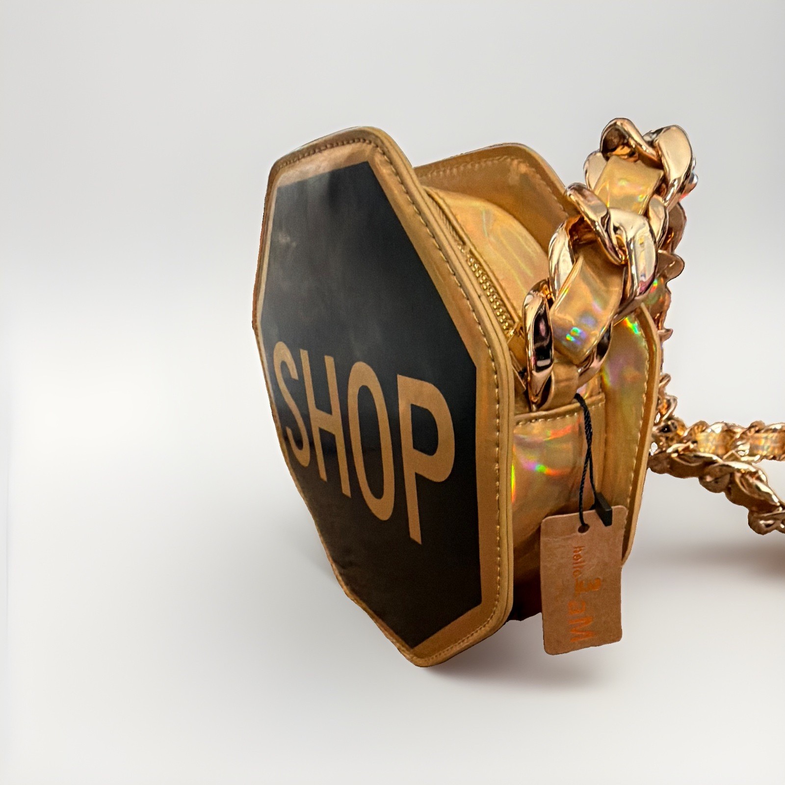 Women’s Small Octagon “SHOP” Logo Crossbody Bag Black/Gold Zip Chain Strap
