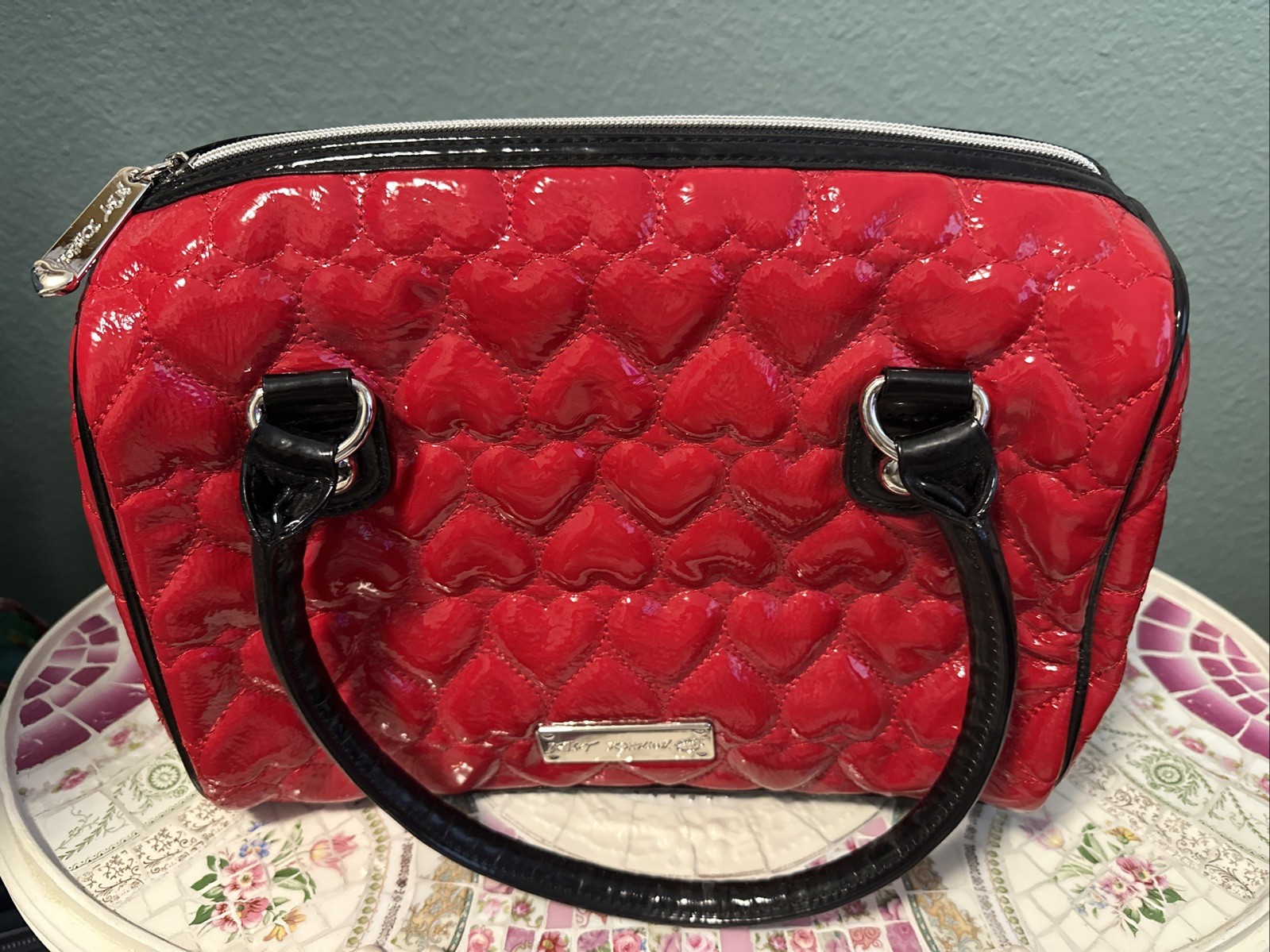 Betsey Johnson Red Heart Quilted Heart Satchel Bag Patent Leather