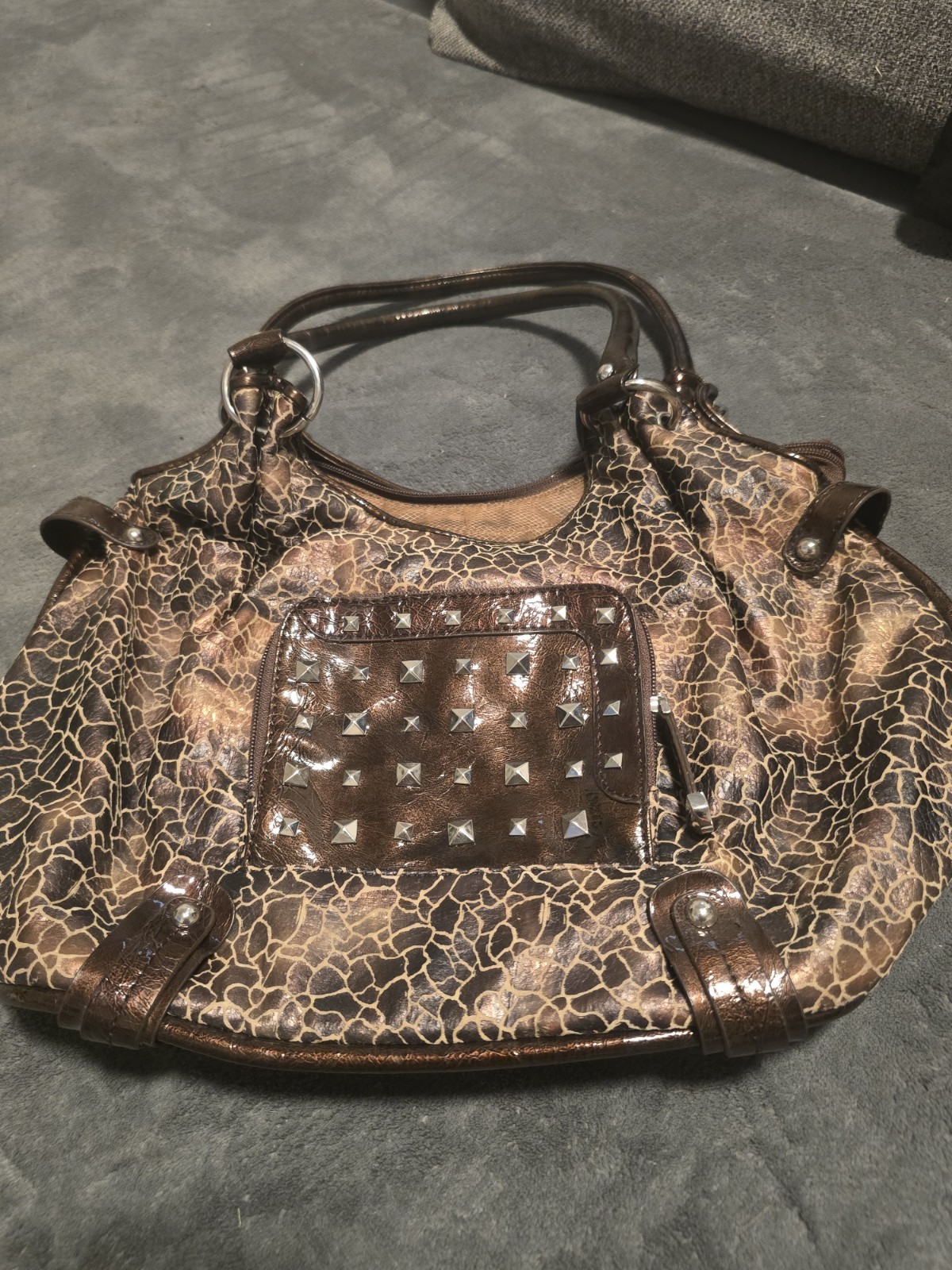 Women’s Brown Animal Print Crackle Satchel Top Handle Zip Studs Strap Pockets