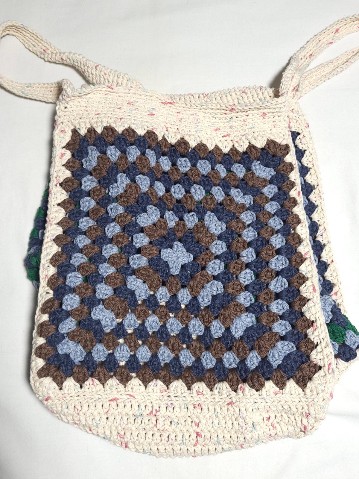Handmade Crochet Large Cotton Blue Green Brown Oatmeal Granny Square Tote Bag