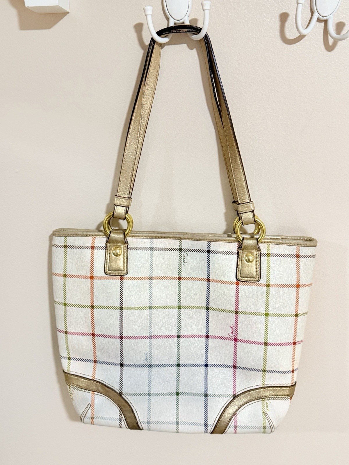 Vintage Y2K Coach Multicolor Tattersall Plaid Tote Bag White Gold Trim Shoulder