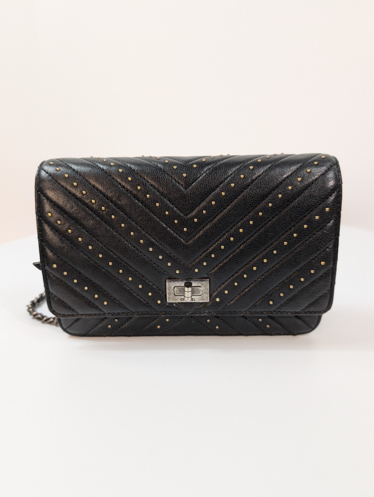 Chanel Special Edition Reissue Black Studded Chevron Calfskin Wallet on Chain