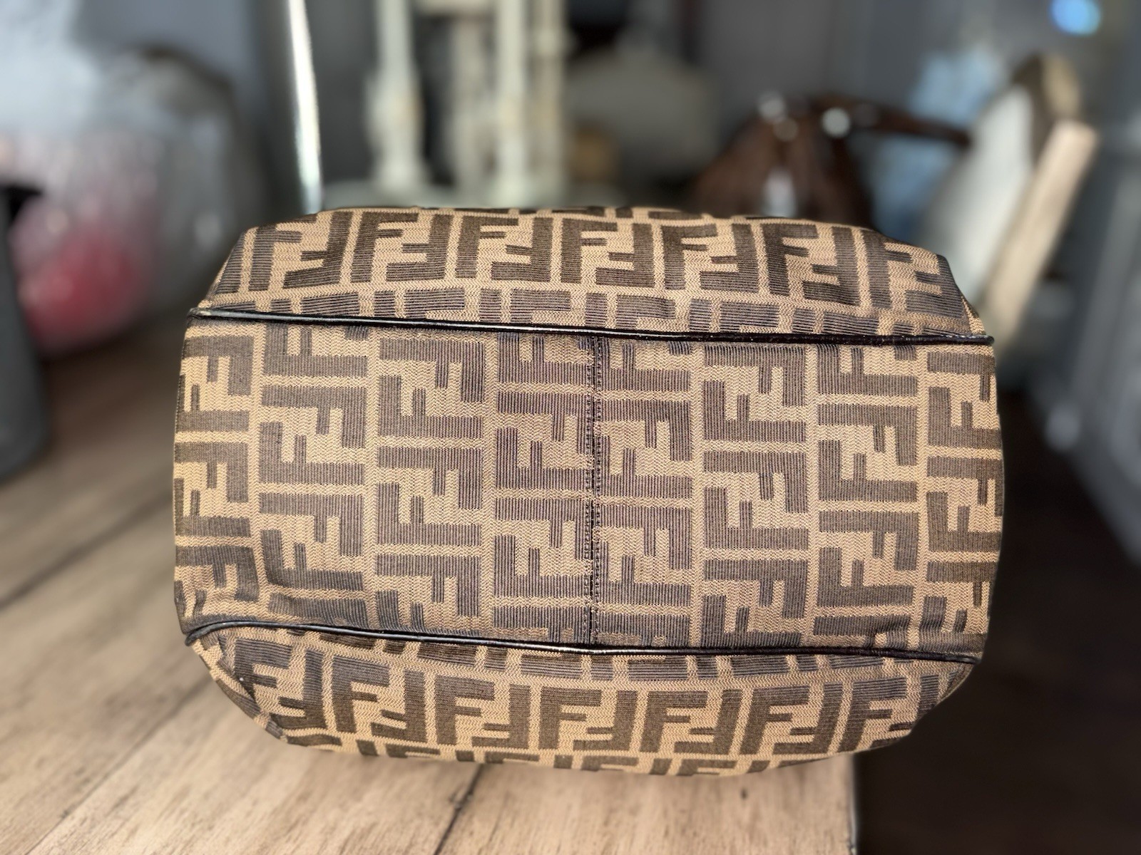 Fendi Zucca FF Monogram Brown Beige Zip Chef’s Tote w/ Charm, Pockets