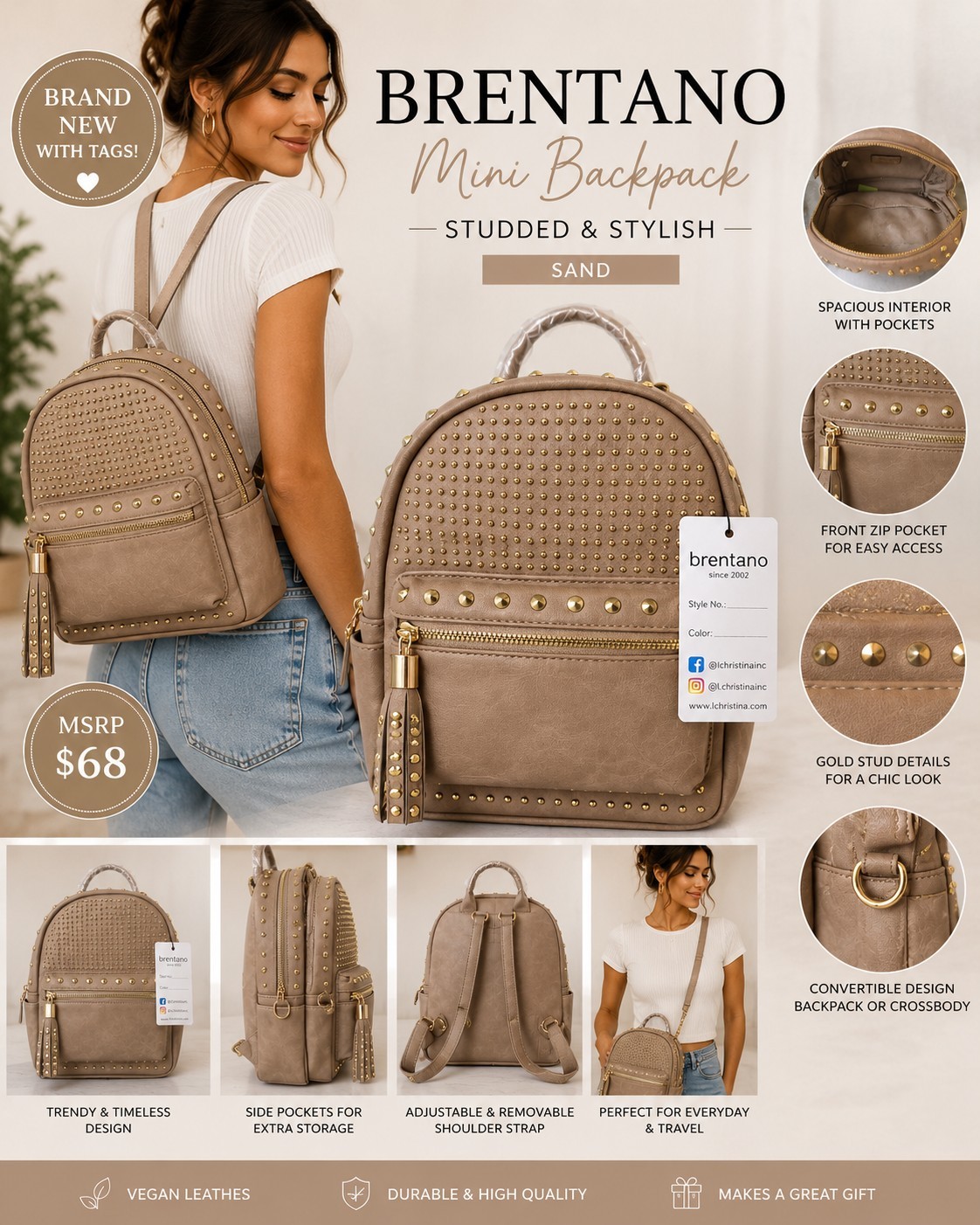 NWT Brentano Sand Studded Mini Backpack Crossbody Convertible Purse Gold Tone