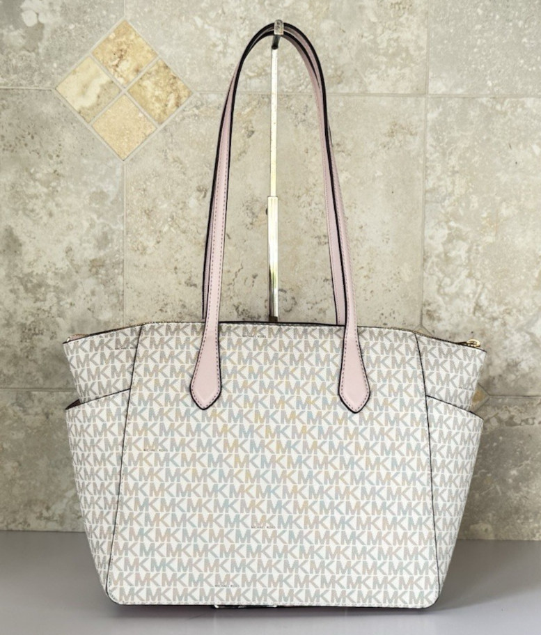 Michael Kors Marilyn Medium Top Zip Shoulder Tote Bag MK Vanilla/Pink