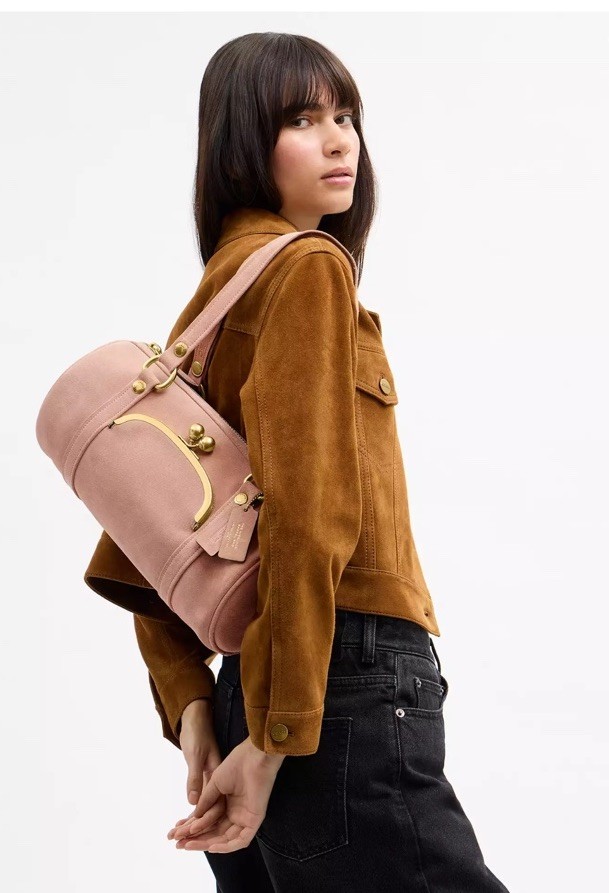 Coach Suede Cylinder Shoulder Bag Brass Hardware Nuage Kiss Lock Designer