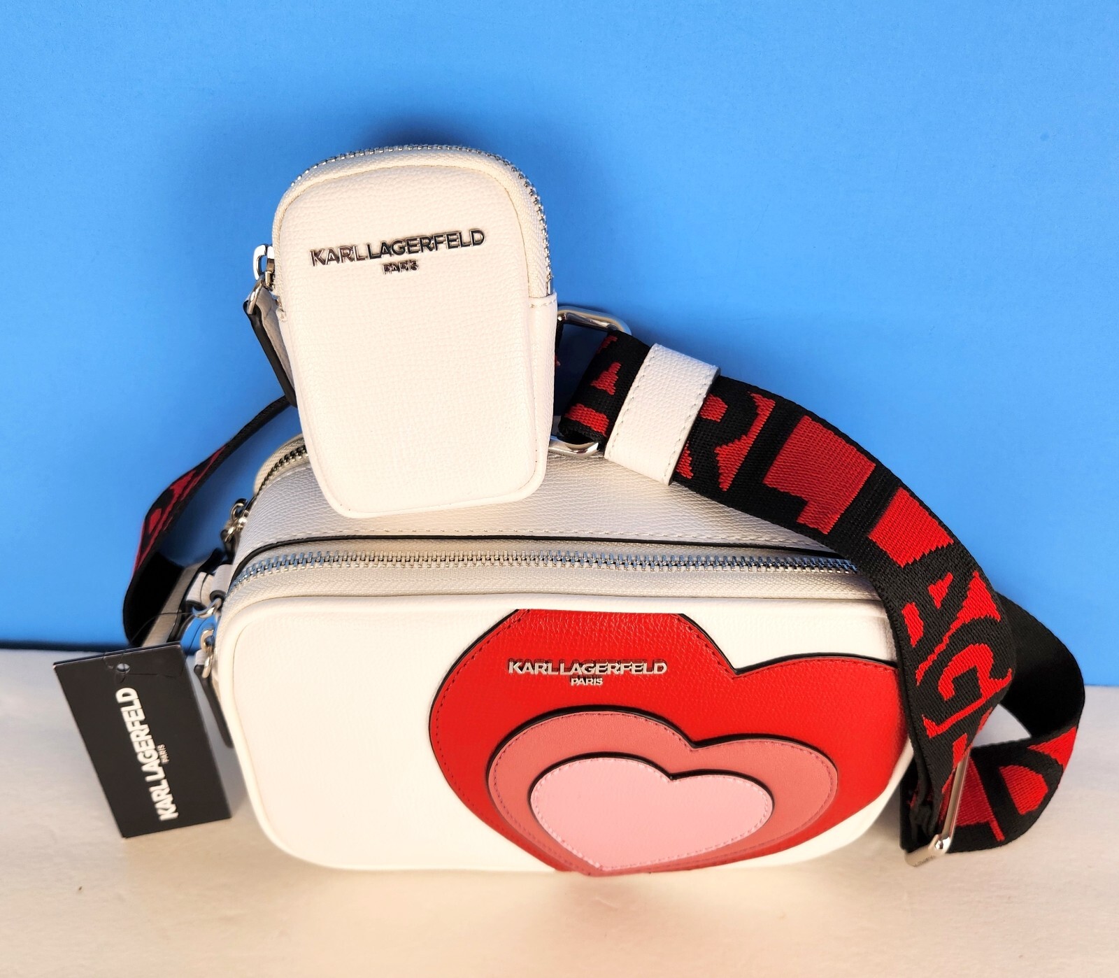 New Karl Lagerfeld Paris Maybelle Crossbody Bag White w Pink Red Hearts w/Pouch