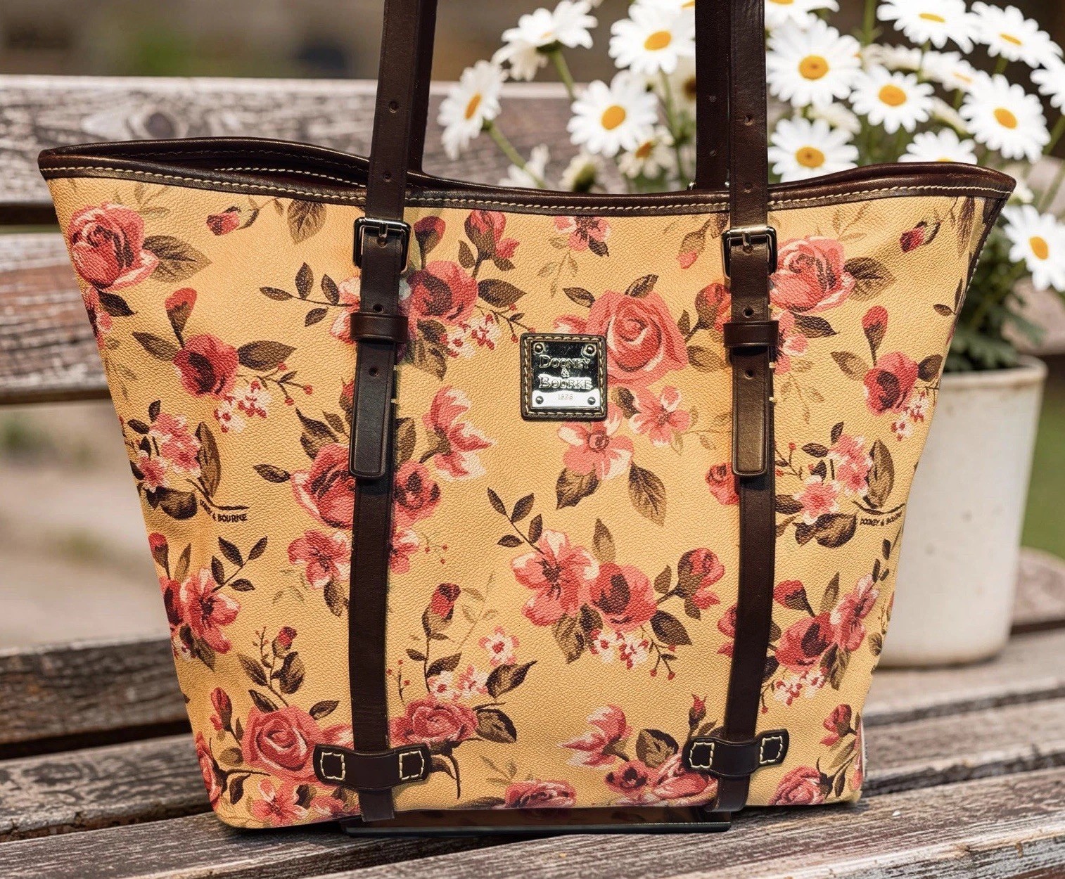 Dooney Bourke Pink Yellow Beige Cabbage Rose Floral Large Shopper Tote Bag