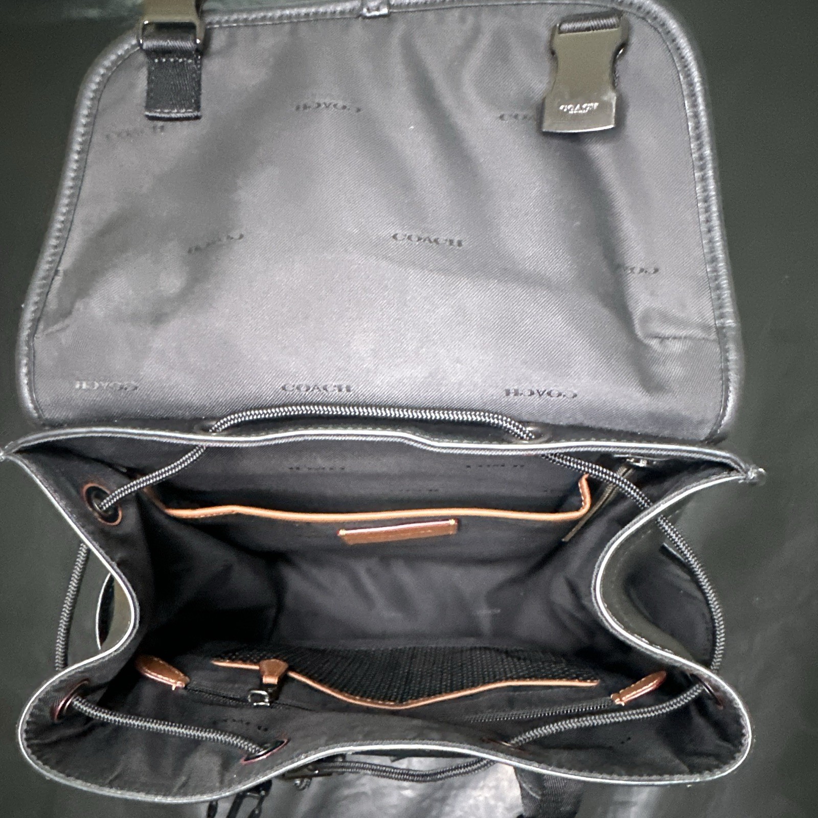 Coach Black Drawstring Zip Backpack w/ Inner Pockets, Lined, Silver Hardware