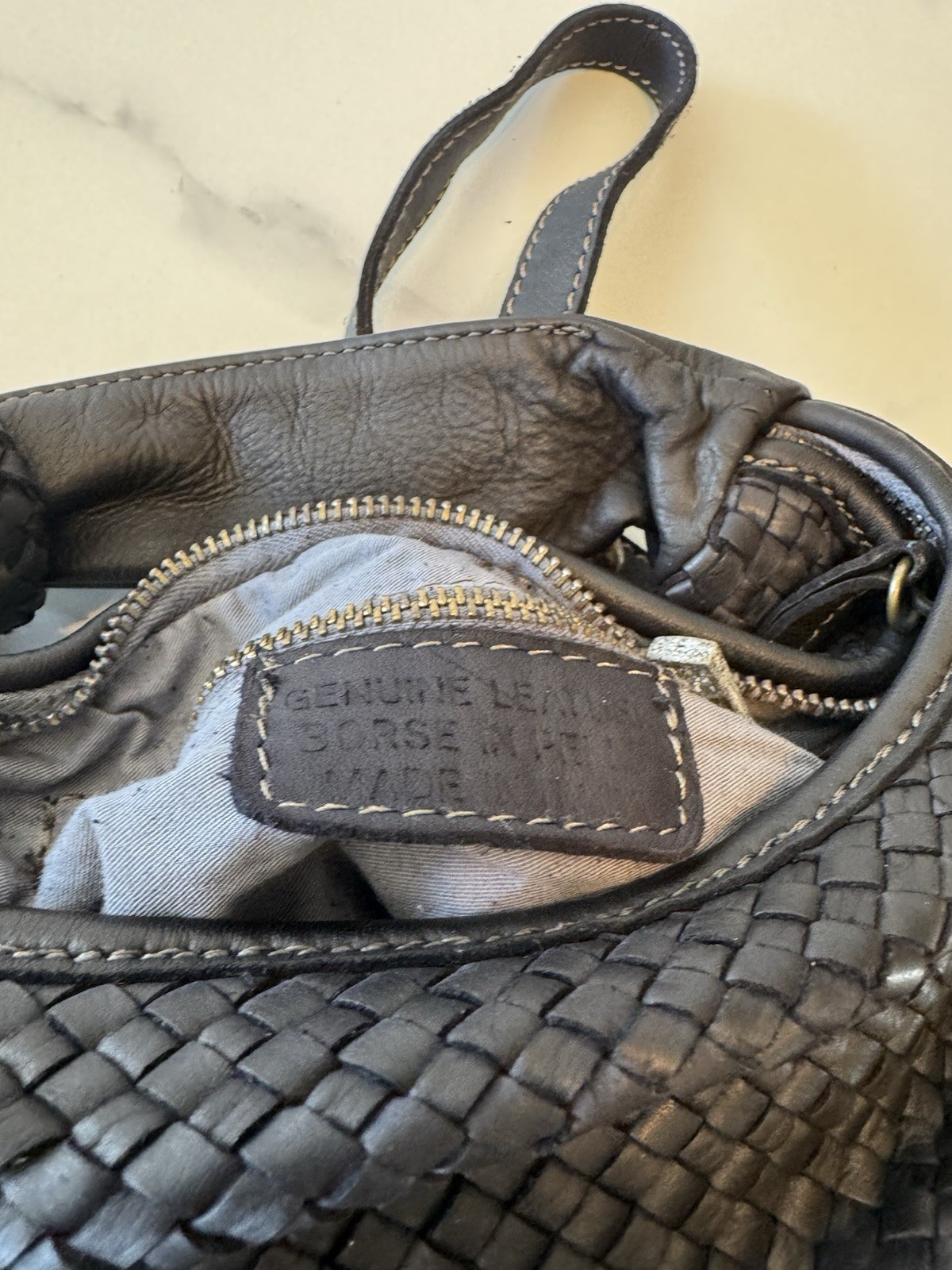 Mela D’Oro Leather Shoulder Bag Purse BL254 Black Nero 10”x7” Handle Knot NEW
