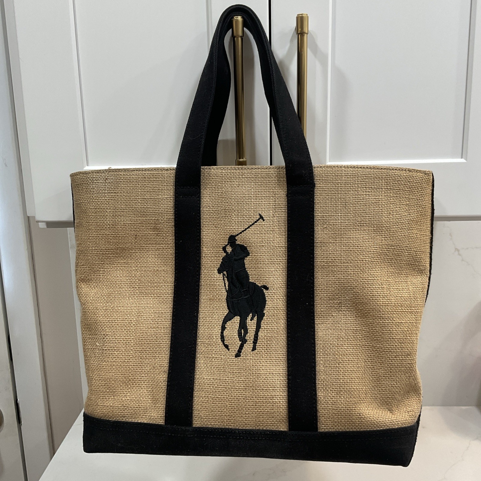 Ralph Lauren Tote Bag Navy Blue Jute Canvas & Burlap Large Polo Player Logo
