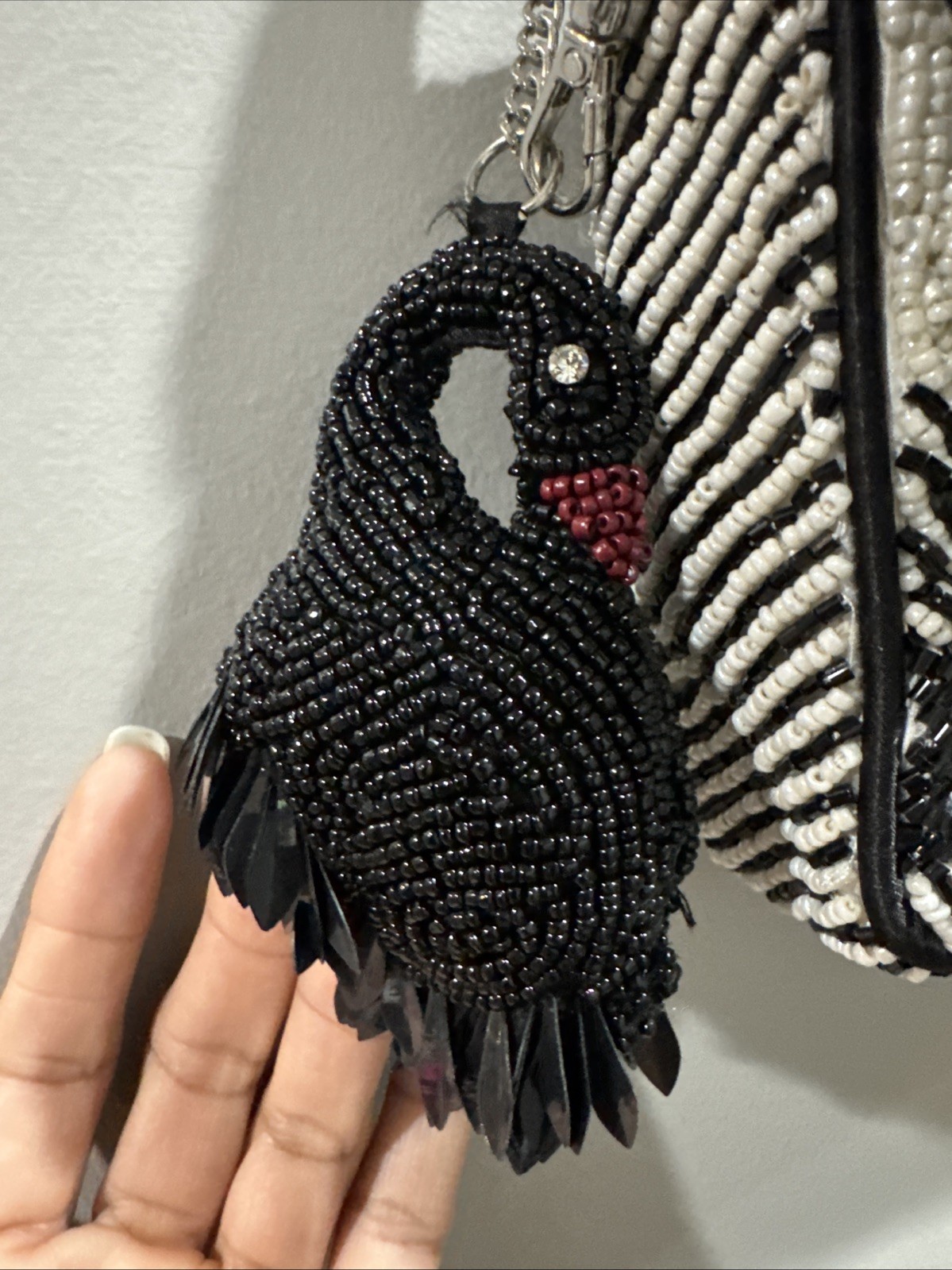 Viral From India Houndstooth Checked Black White Beaded Purse Swan Bag Charm NWT