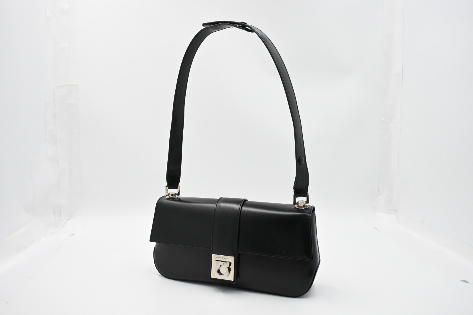 Authentic Ferragamo Gancini Shoulder Bag, Black