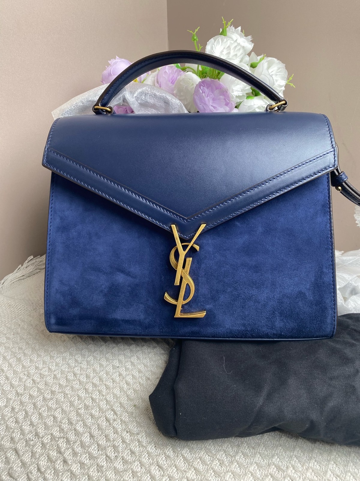 Yves Saint Laurent Cassandra Blue Leather Suede Gold Hardware Shoulder Bag AUTH
