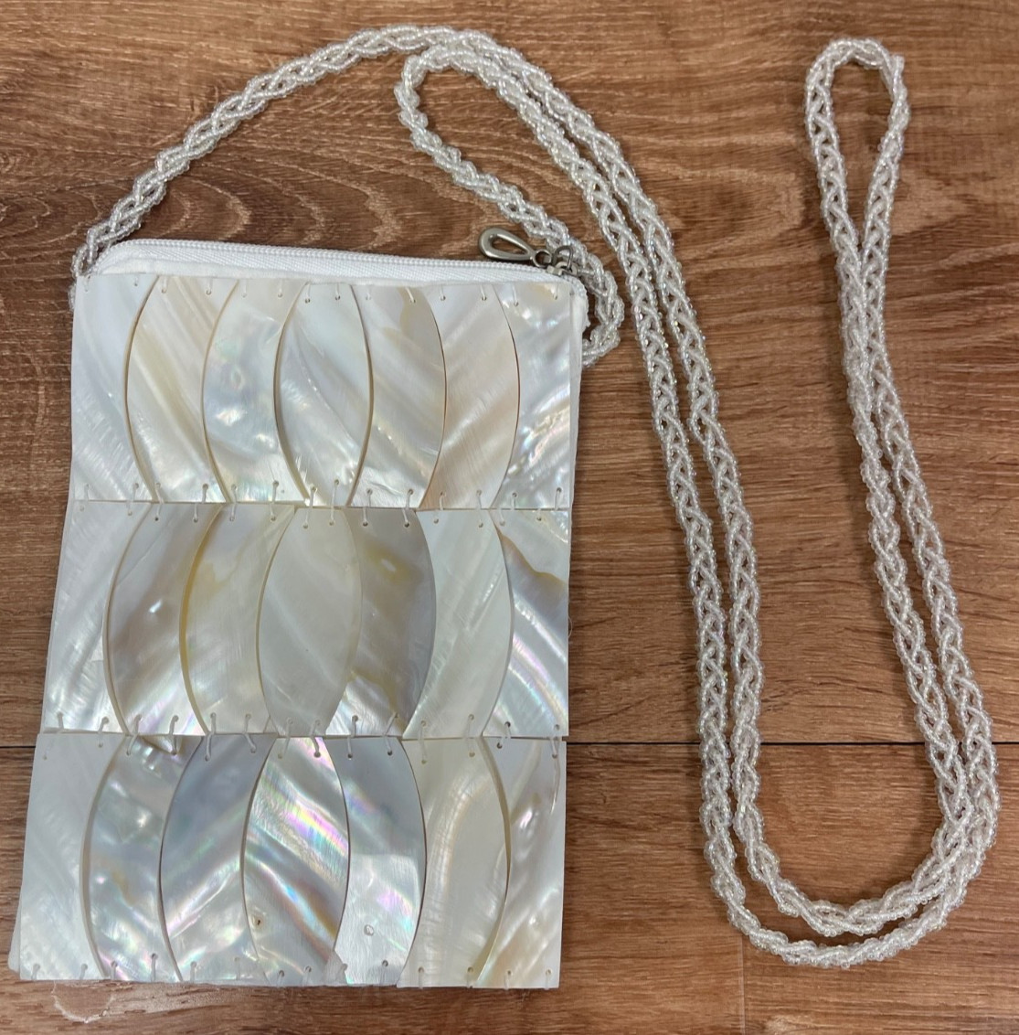 Fleur S Crossbody White Satin Shoulder Bag Purse 7.5″ Shells Beads Bride