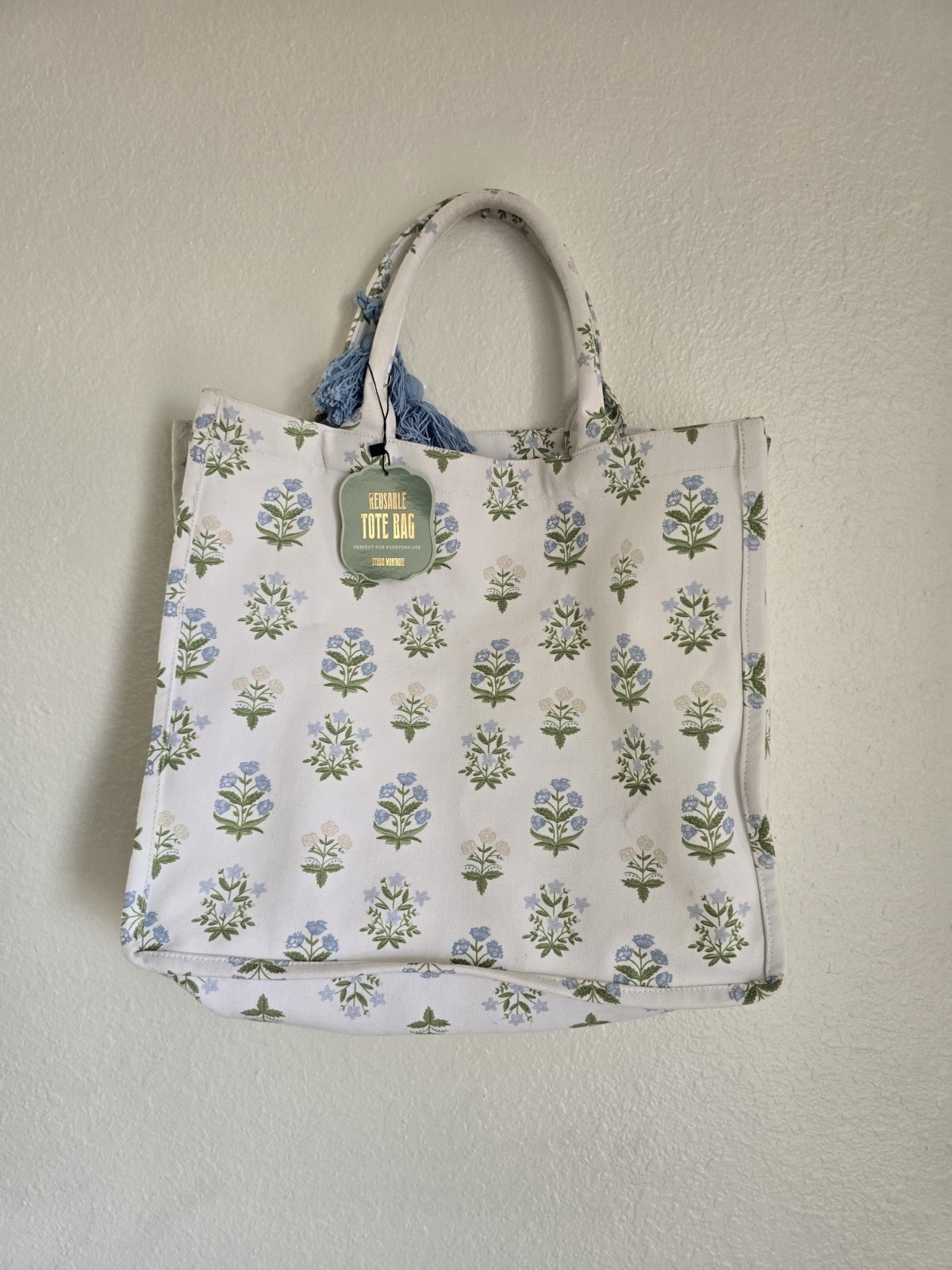 STUDIO MONTROSE Reusable floral Print Cotton Totebag 17 in. x 15 in. pinstripe