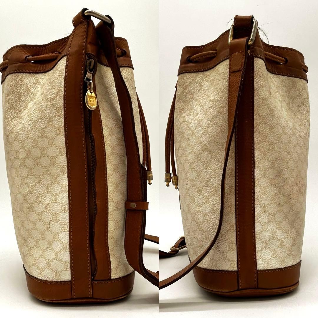 Celine Triomphe Macadam White Brown Bucket Drawstring Shoulder Bag Authentic