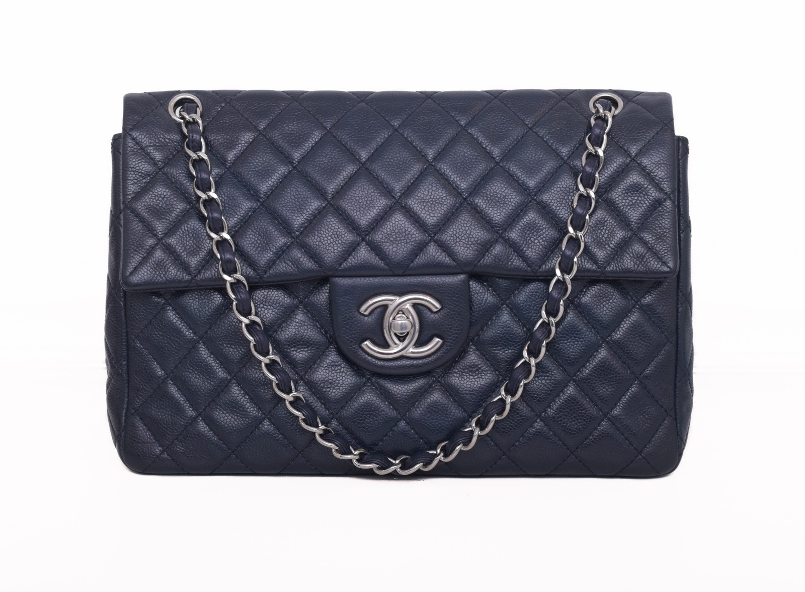 CHANEL Navy Caviar Leather Classic Jumbo Flap Silver CC Chain Shoulder Bag Purse