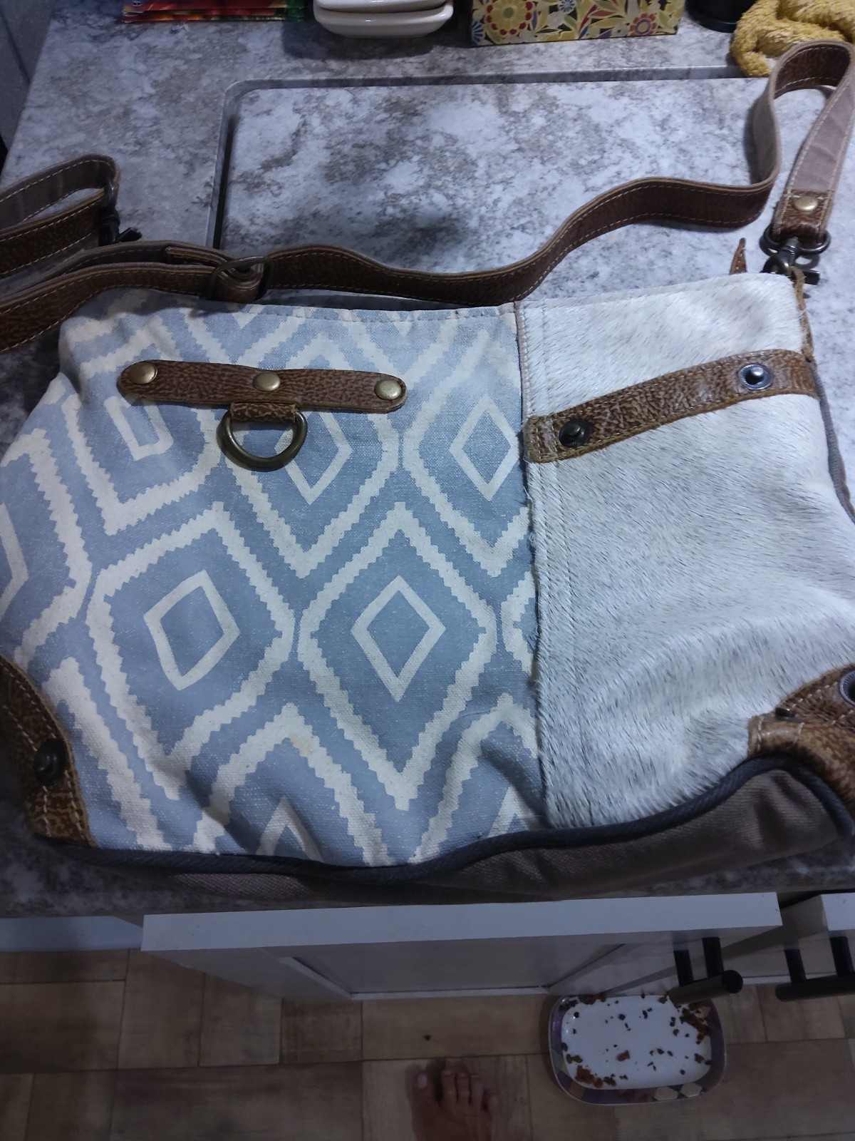 Myra Bag DOVE Shoulder Crossbody Bag Leather Fur Accent Adj Strap Gray Print