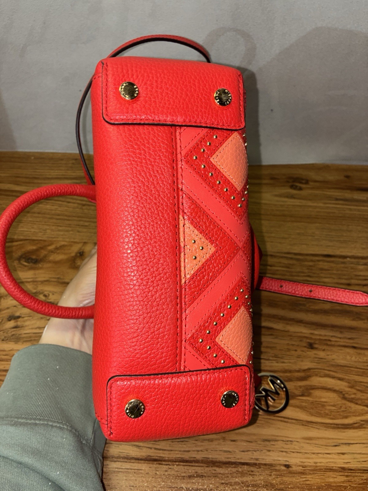 Michael Kors Red Medium Satchel Top Handle Zip Detachable Strap Studs Gold